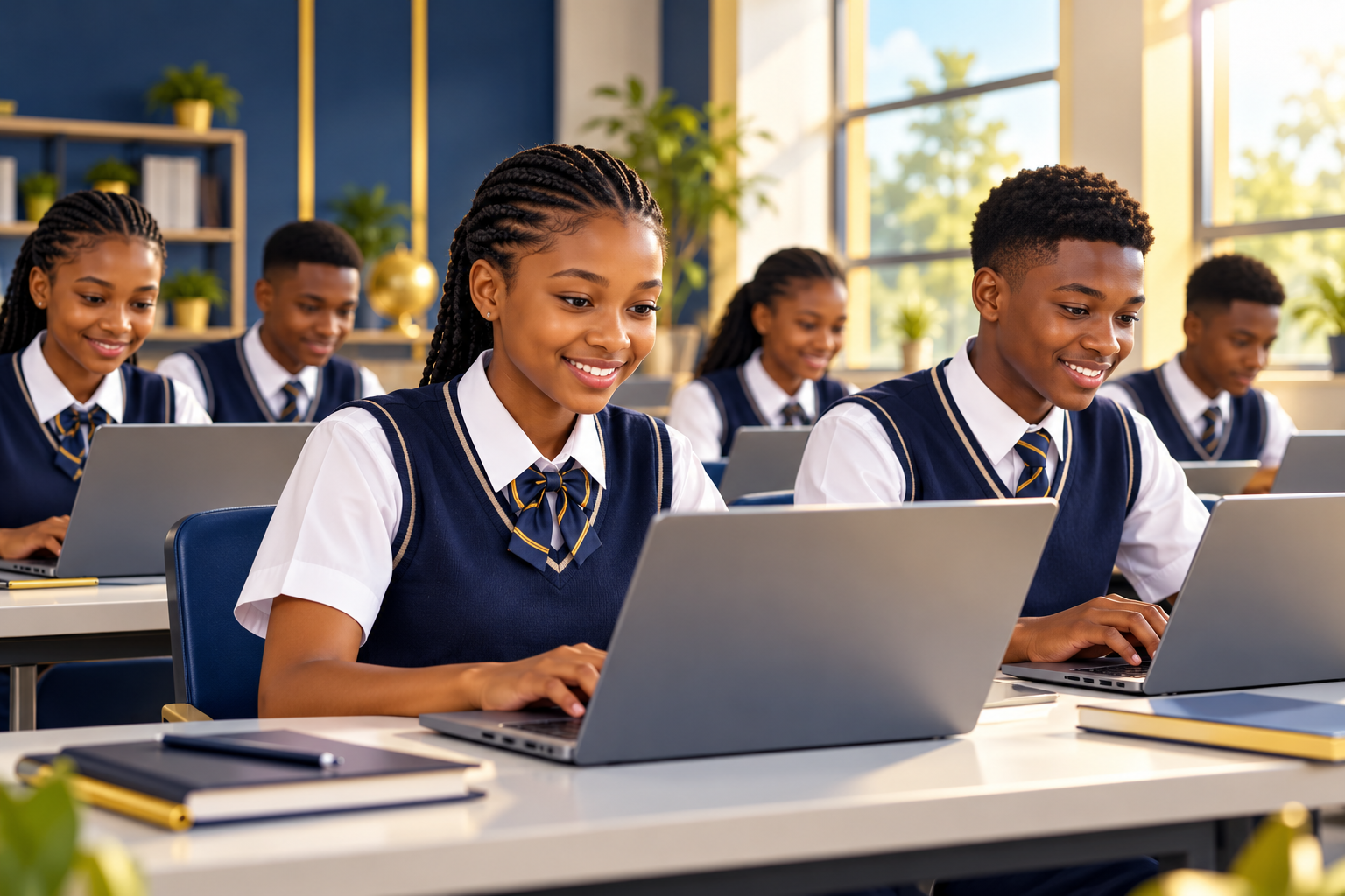 Illustration of Nigerian students learning with laptops in a classroom